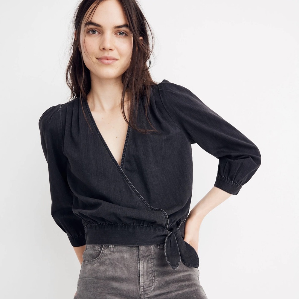 ☀️ Madewell Black Denim Wrap Top
